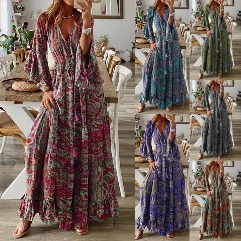Robe longue imprimé cachemire ceinturée