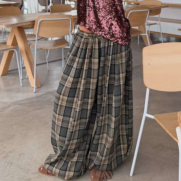 Pantalon large à carreaux cordon coulissé