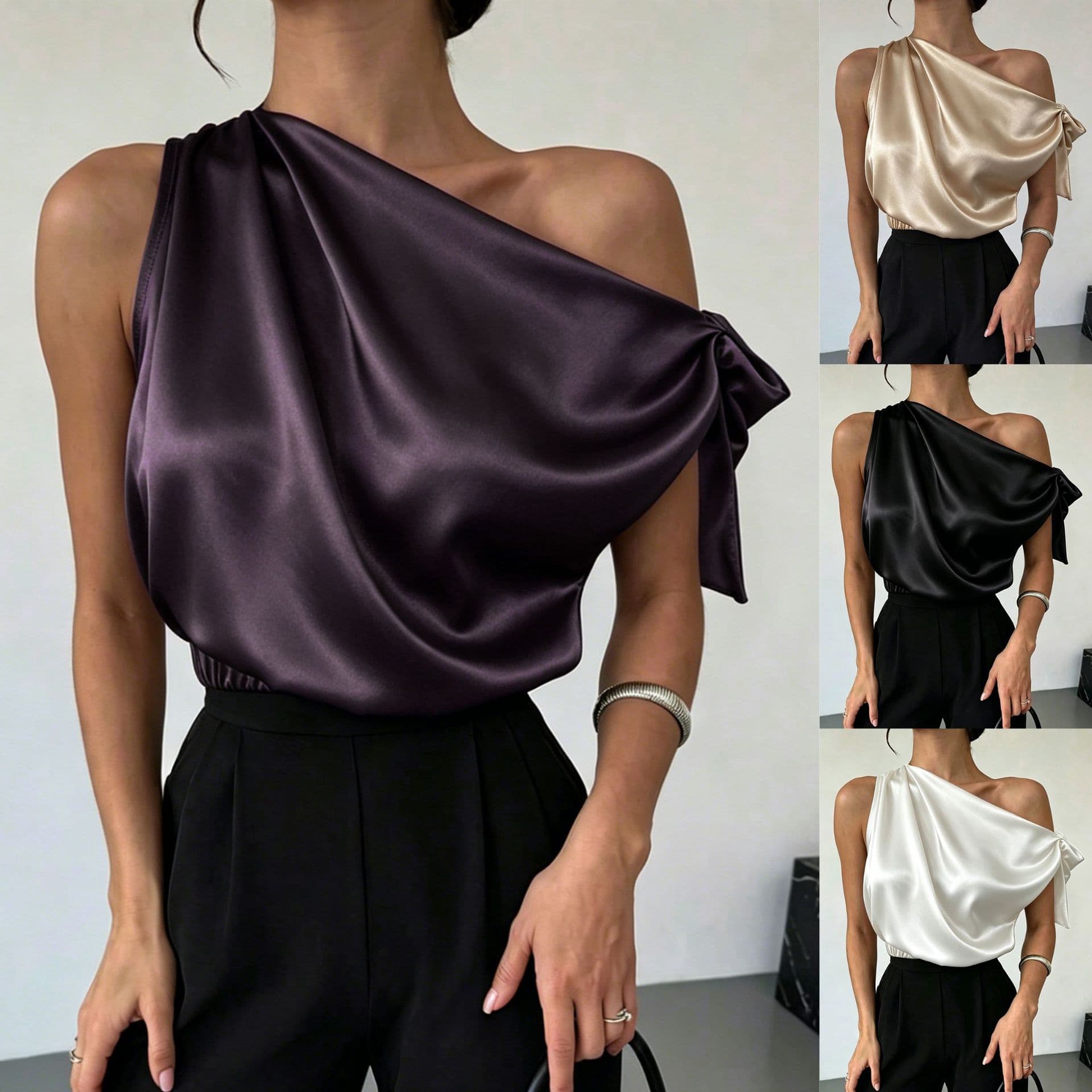 Blouse satin épaules dénudées à nœud