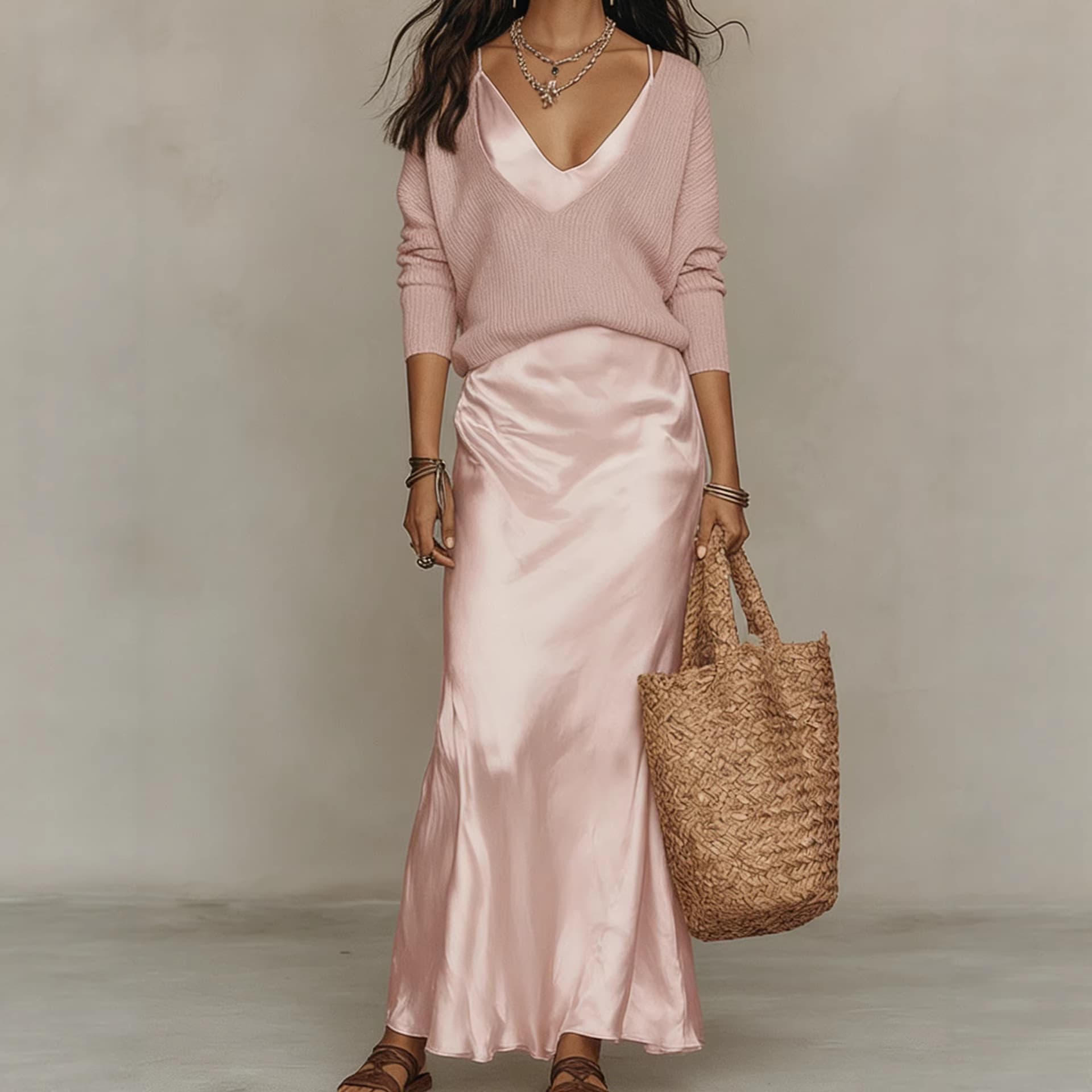 Ensemble robe satinée et pull col V