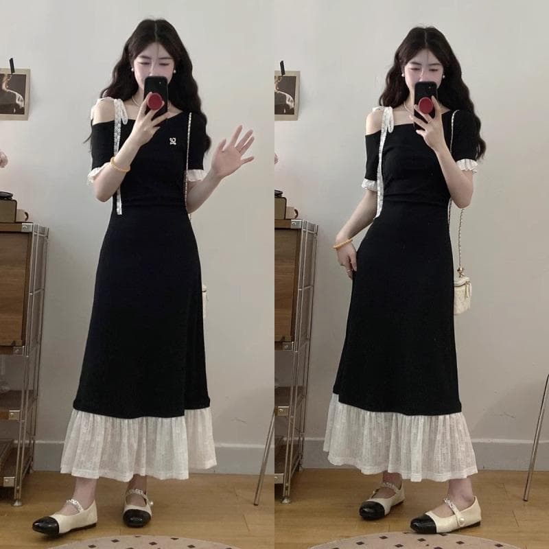 Robe longue à empiècements dentelle