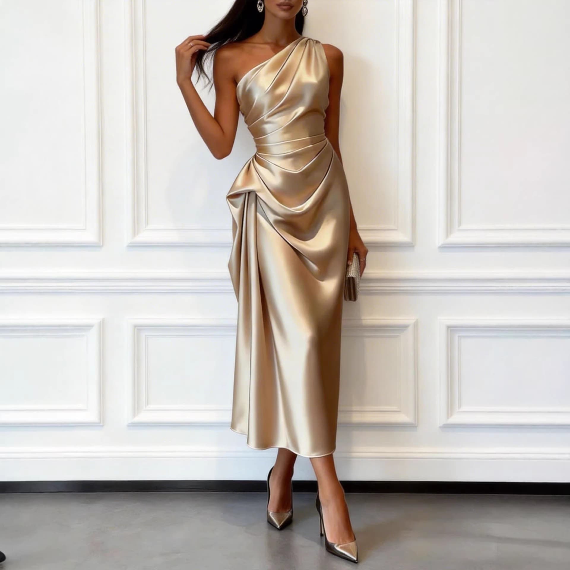 Robe satin stretch épaules dénudées