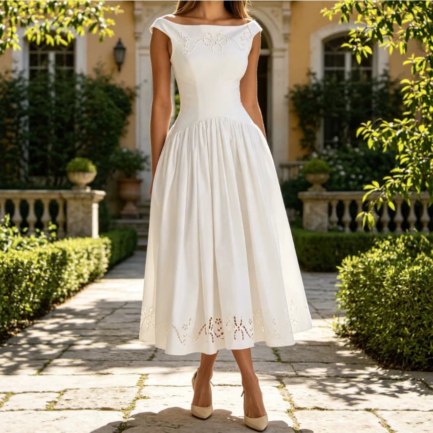 Robe évasée brodée col halter
