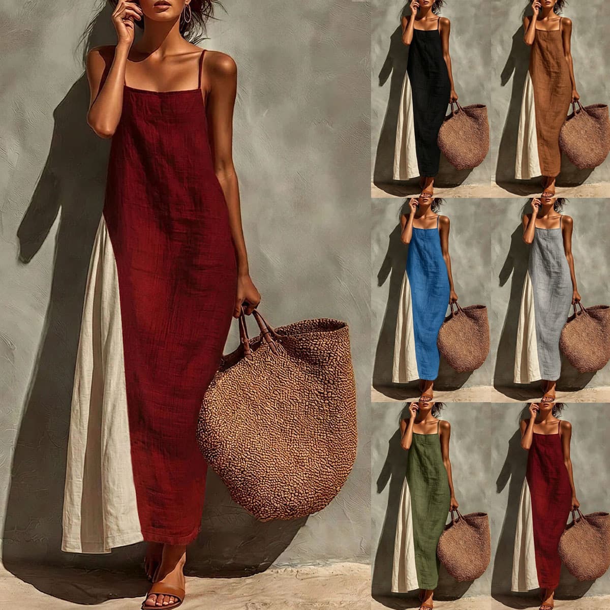 Robe midi coton-lin à fines bretelles