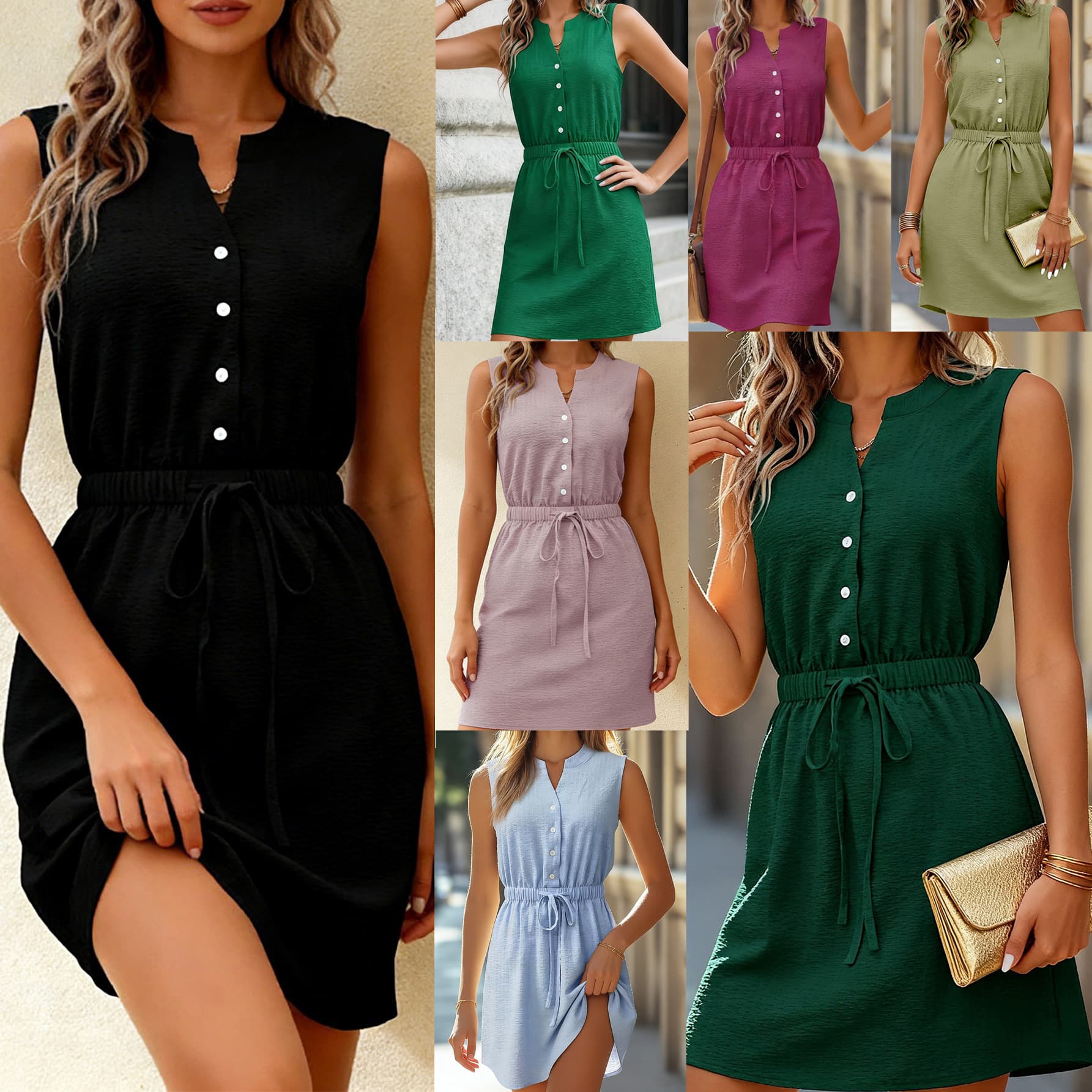 Robe col V sans manches taille coulissée