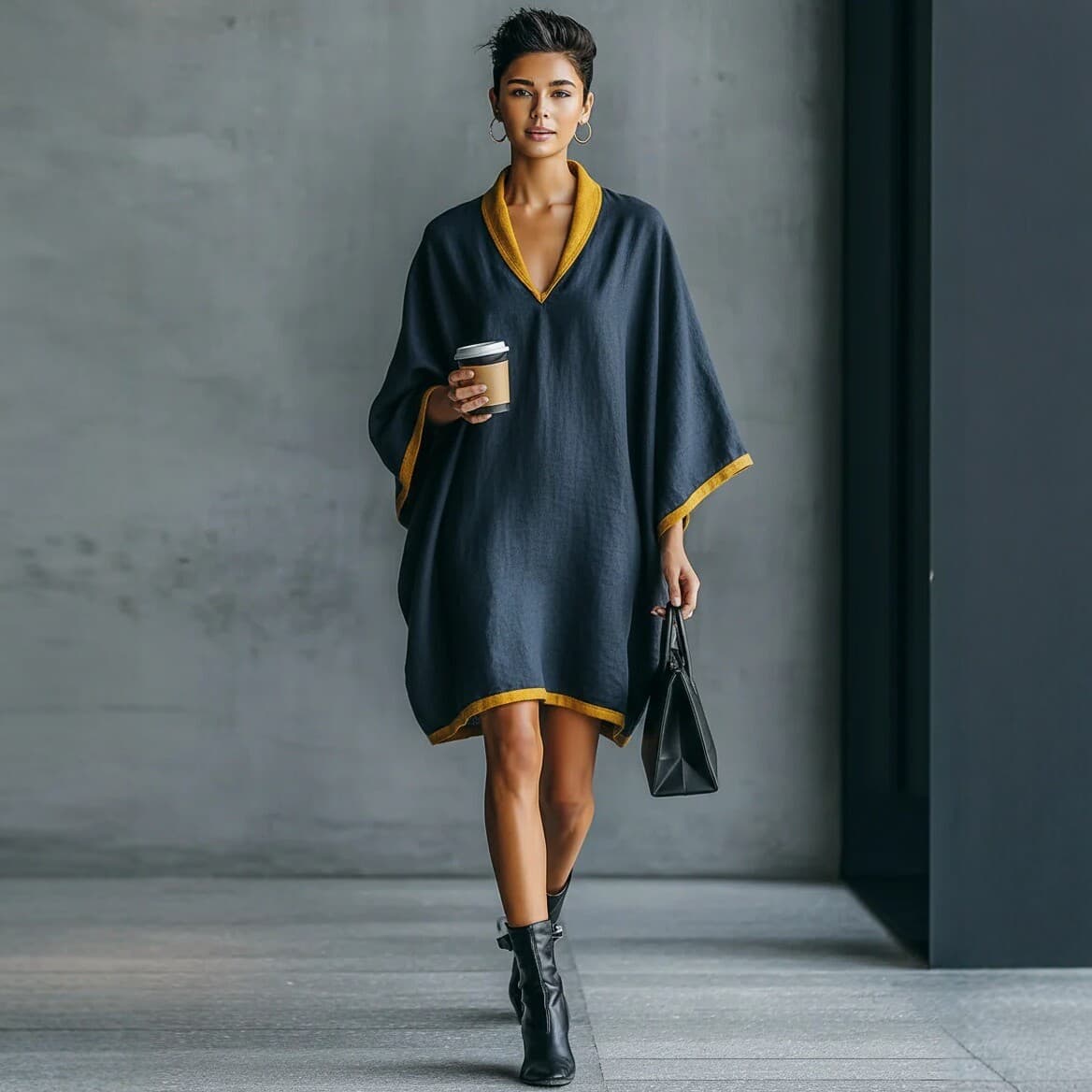 Robe ample col V toucher lin