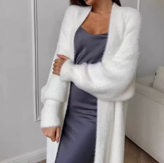 Cardigan long oversize maille duveteuse