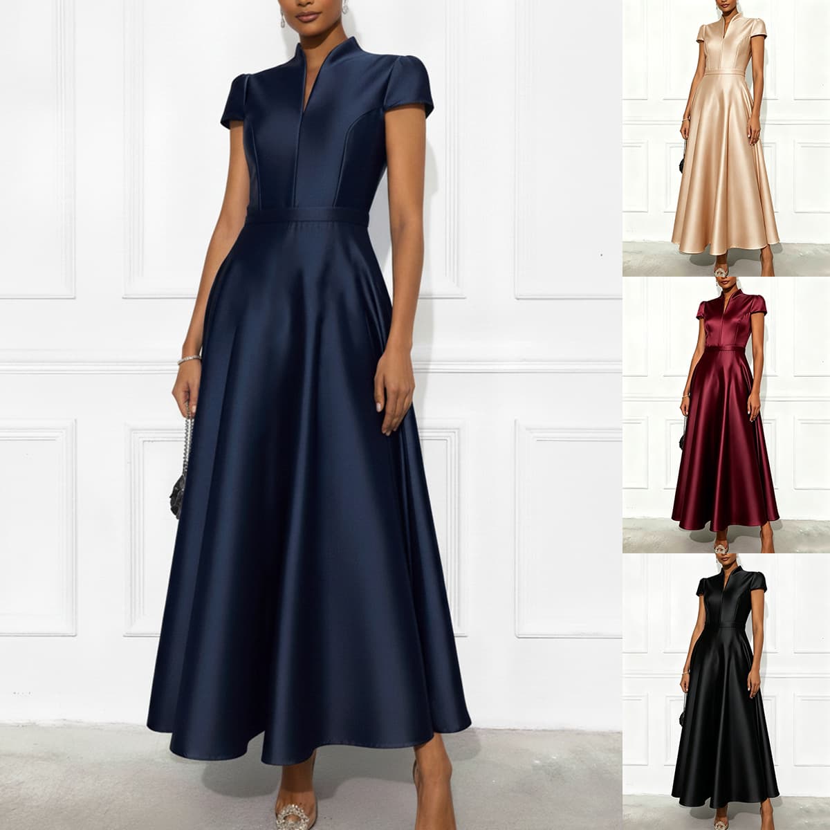 Robe évasée satinée manches courtes