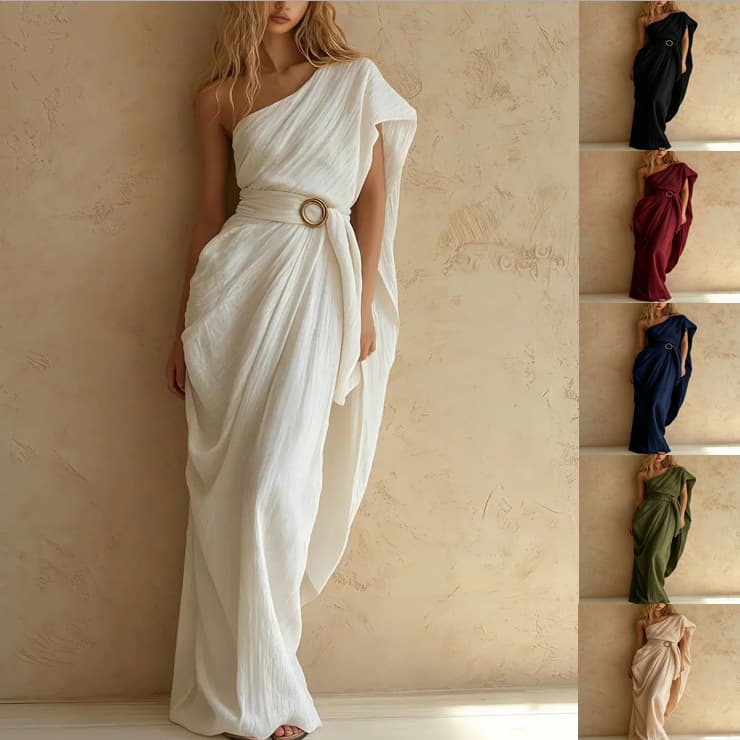 Robe coton-lin asymétrique épaule nue