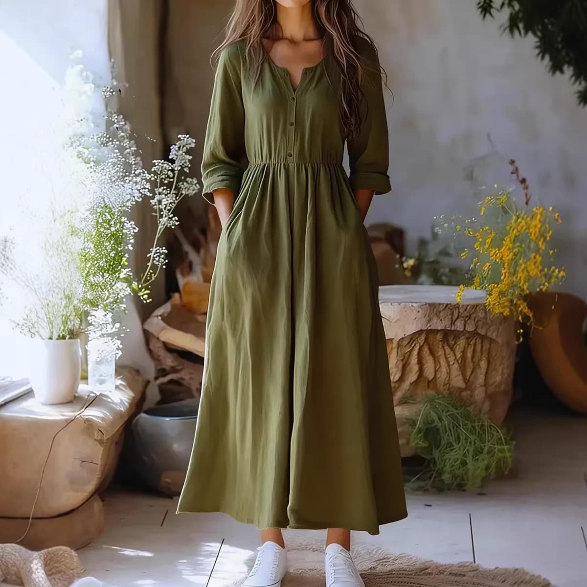Robe coton-lin manches longues