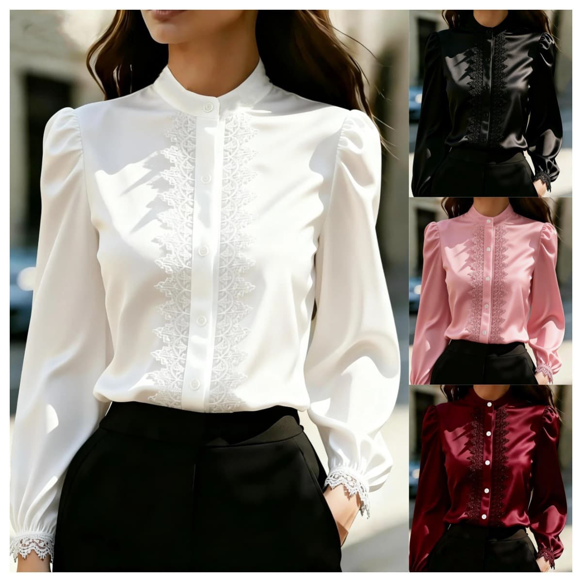 Blouse satinée col officier et dentelle