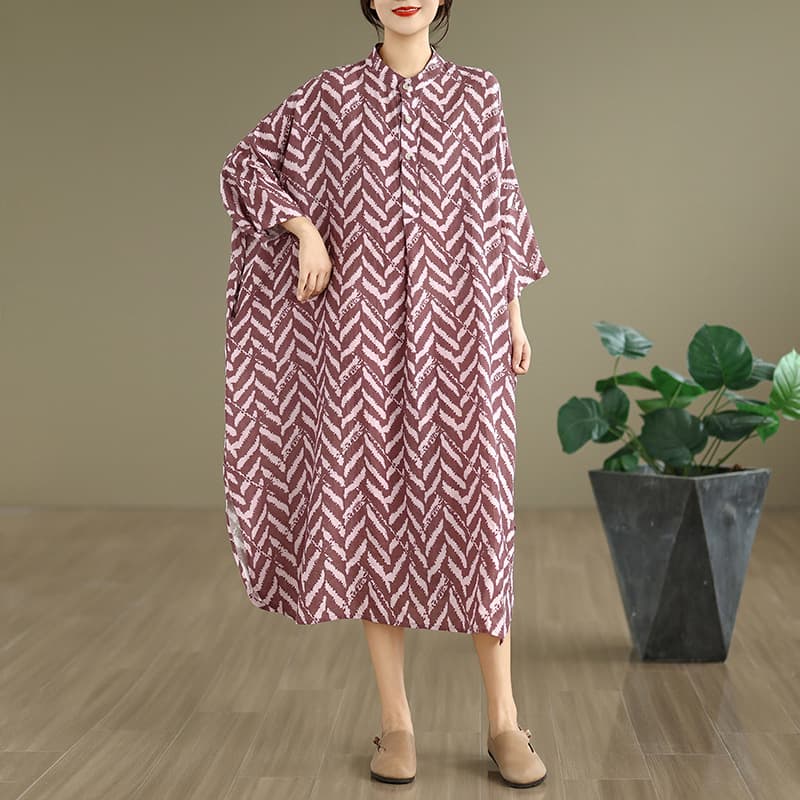 Robe longue col mao imprimée coton-lin