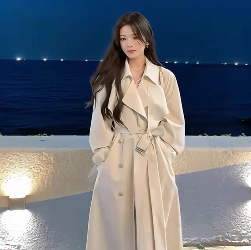 Trench long beige à cordon coulissé