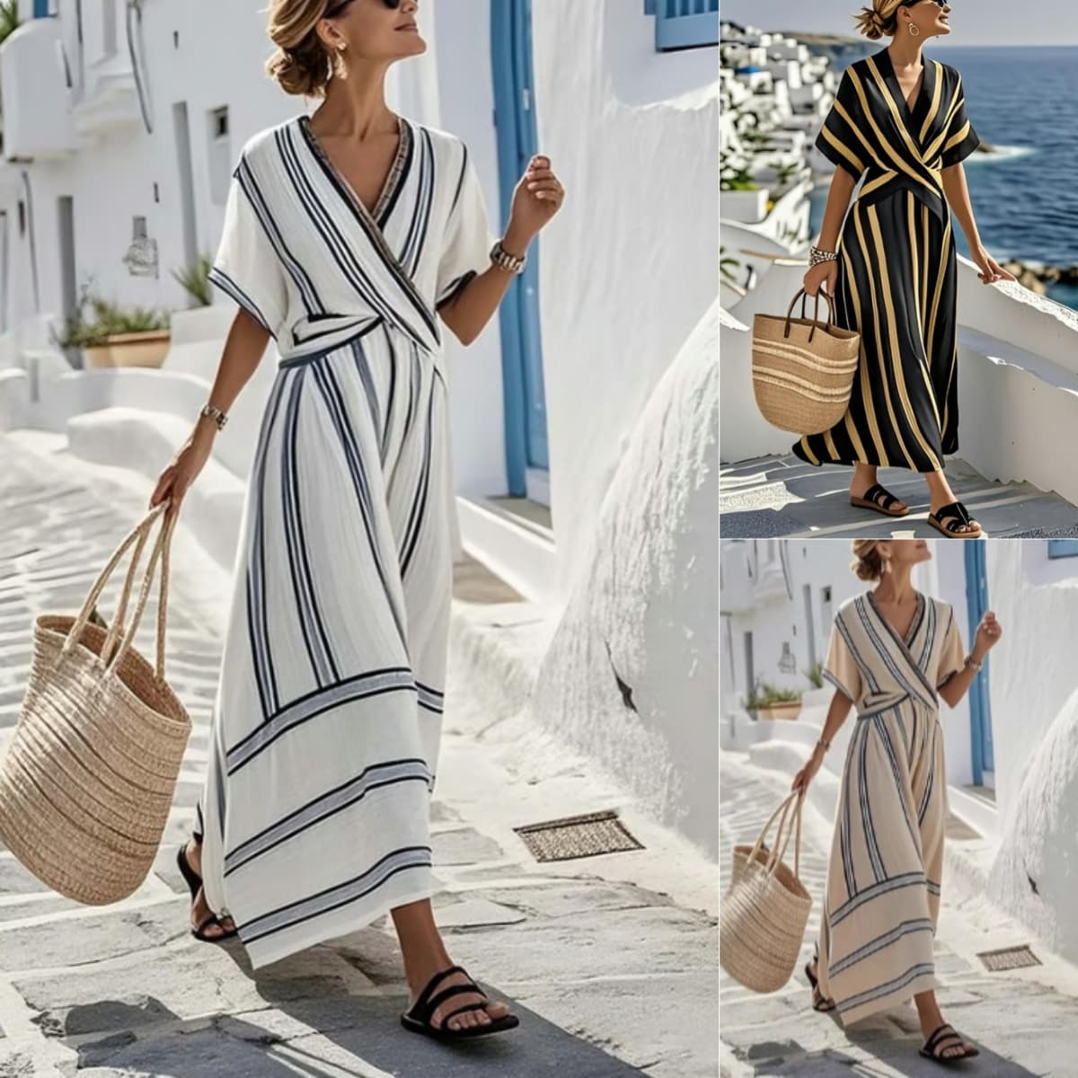 Robe longue rayée col V manches courtes