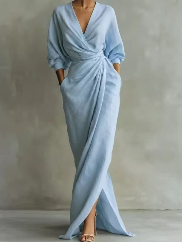 Robe longue col V nouée à poches